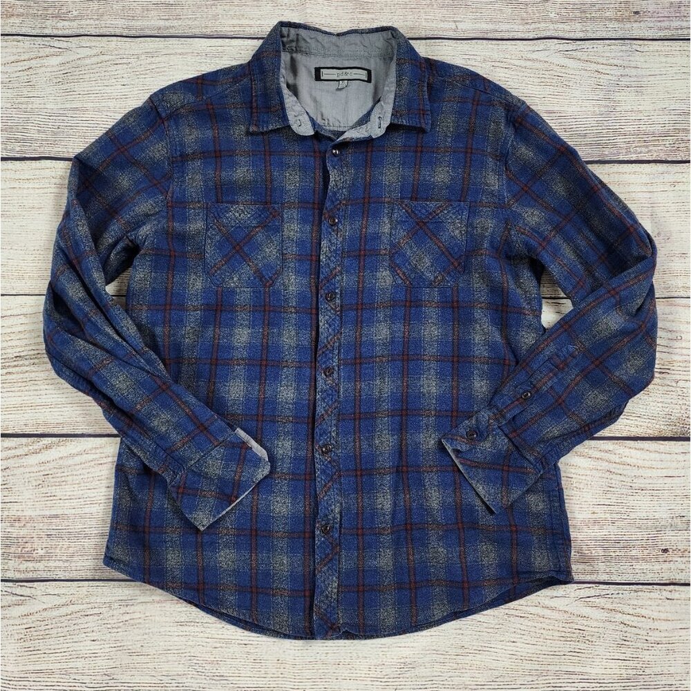 Pd&c Men's Blue Red Gray Size XL 100% Cotton Long Sleeve Button Down Shirt Plaid